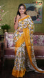 White & Mustard Yellow Dola Silk Fancy Saree with Floral Prints | Designer Party Wear Saree | Vayyaarie Sarees