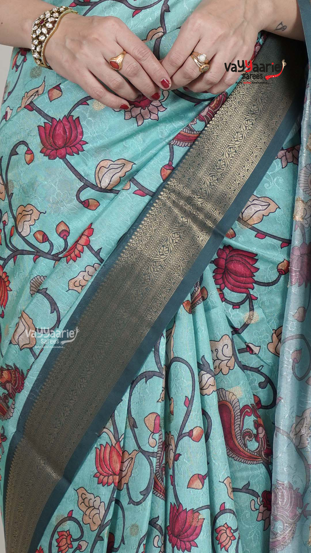 Sea Green Dola Silk Saree with Kalamkari Art Prints | Elegant Wedding Wear Saree | Vayyaarie Sarees
