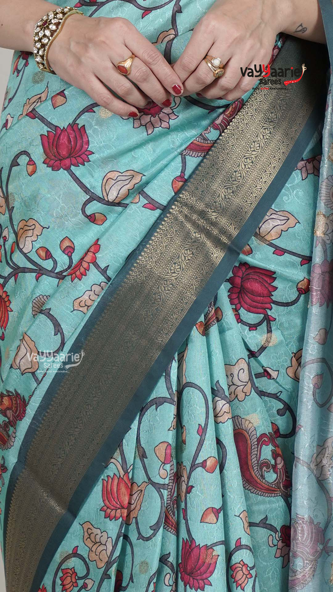 Sea Green Dola Silk Saree with Kalamkari Art Prints | Elegant Wedding Wear Saree | Vayyaarie Sarees Main Image