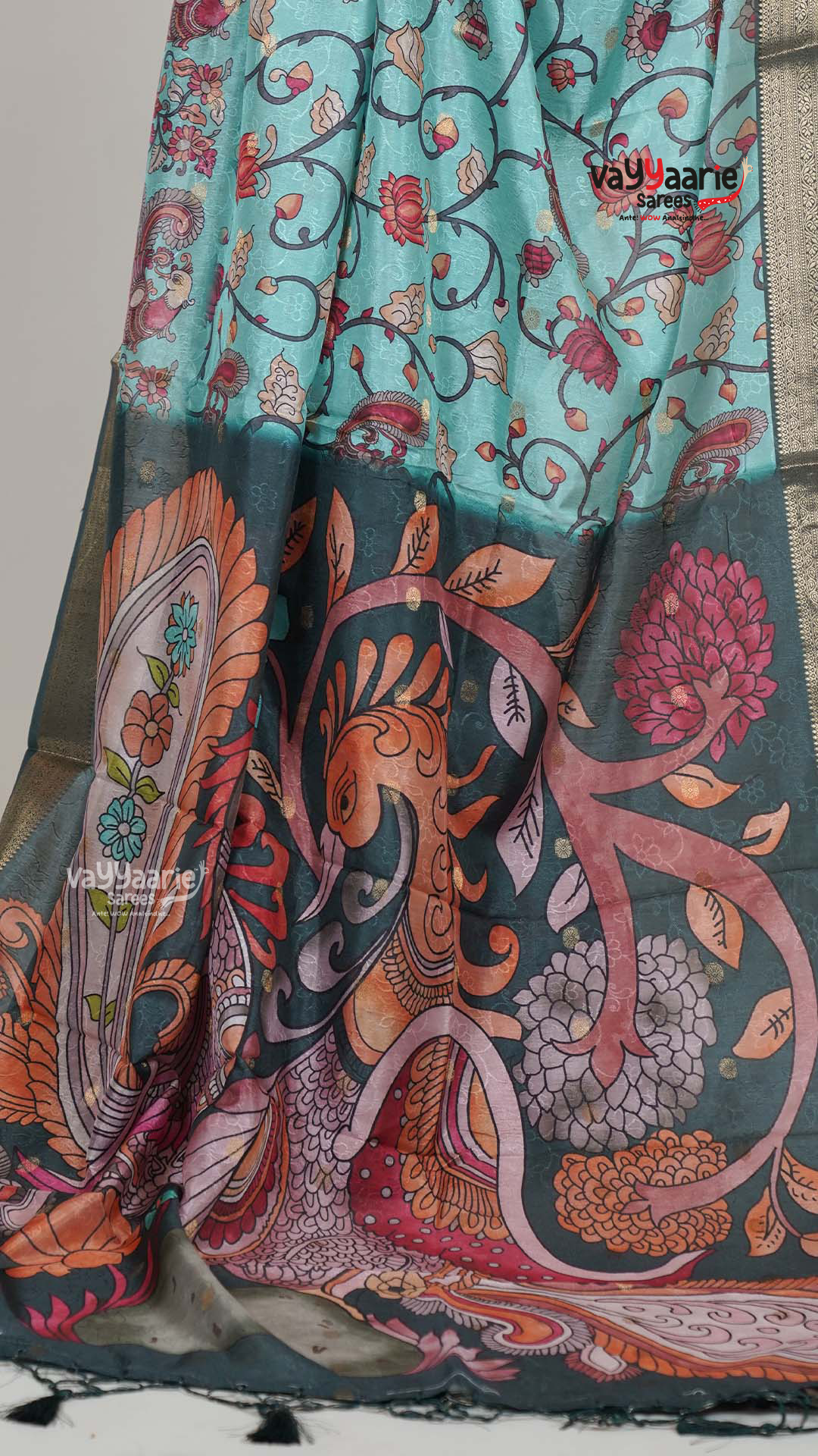 Sea Green Dola Silk Saree with Kalamkari Art Prints | Elegant Wedding Wear Saree | Vayyaarie Sarees