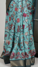 Sea Green Dola Silk Saree with Kalamkari Art Prints | Elegant Wedding Wear Saree | Vayyaarie Sarees