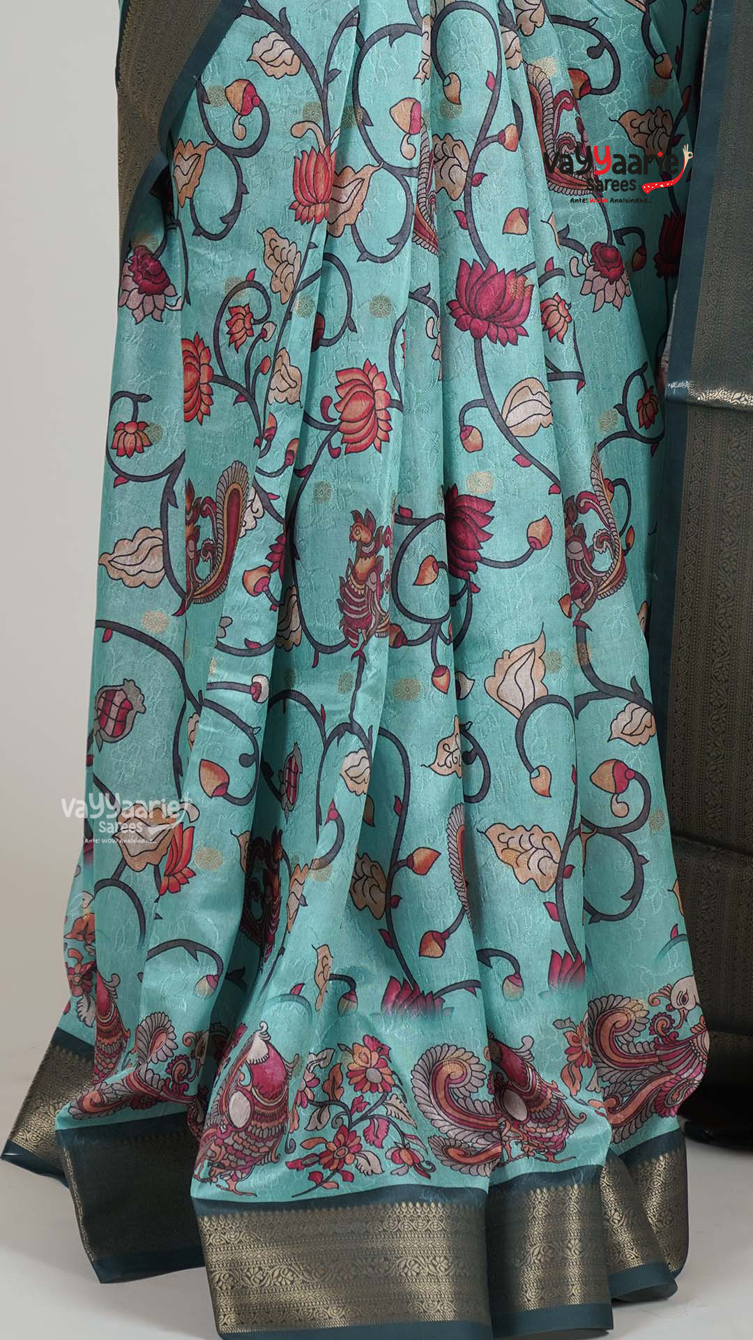 Sea Green Dola Silk Saree with Kalamkari Art Prints | Elegant Wedding Wear Saree | Vayyaarie Sarees