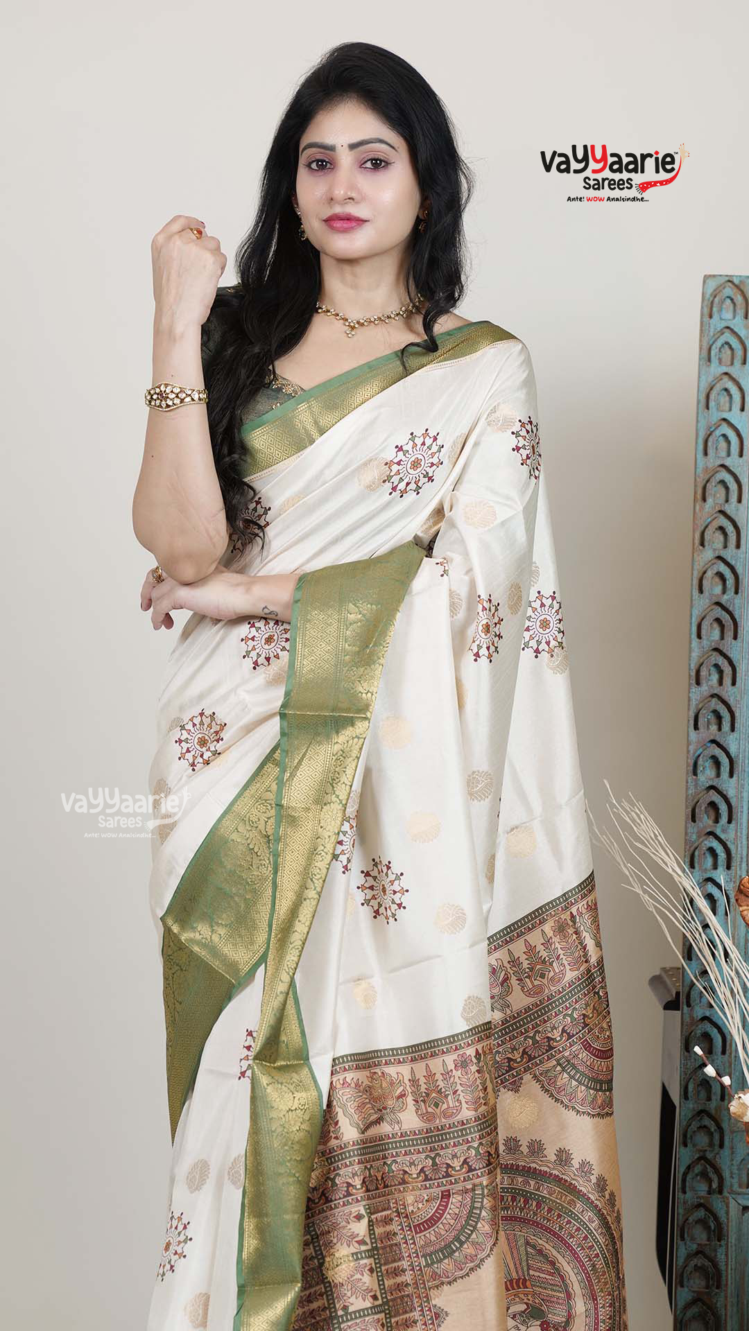 Cream Dola Silk Saree with Kalamkari Art Prints | Classic Ethnic Wear Saree | Vayyaarie Sarees