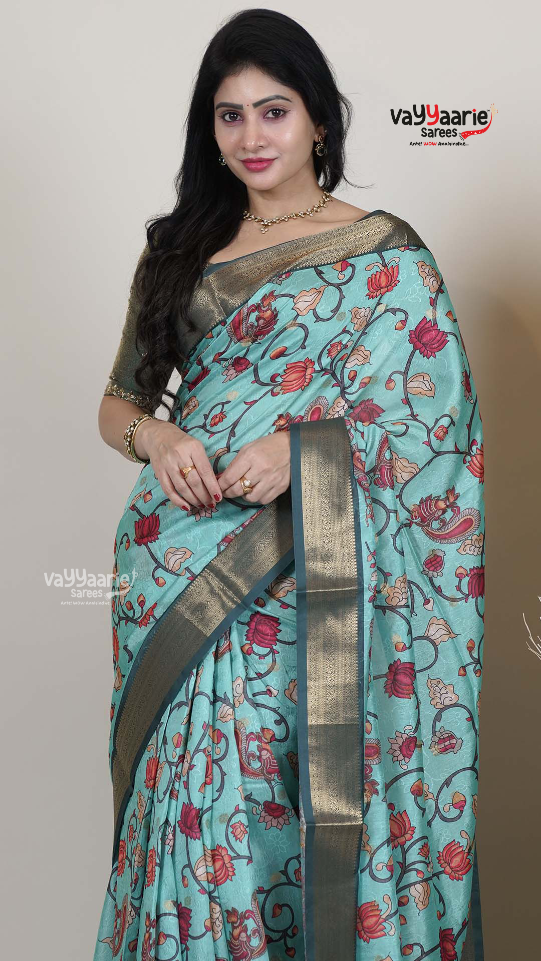 Sea Green Dola Silk Saree with Kalamkari Art Prints | Elegant Wedding Wear Saree | Vayyaarie Sarees