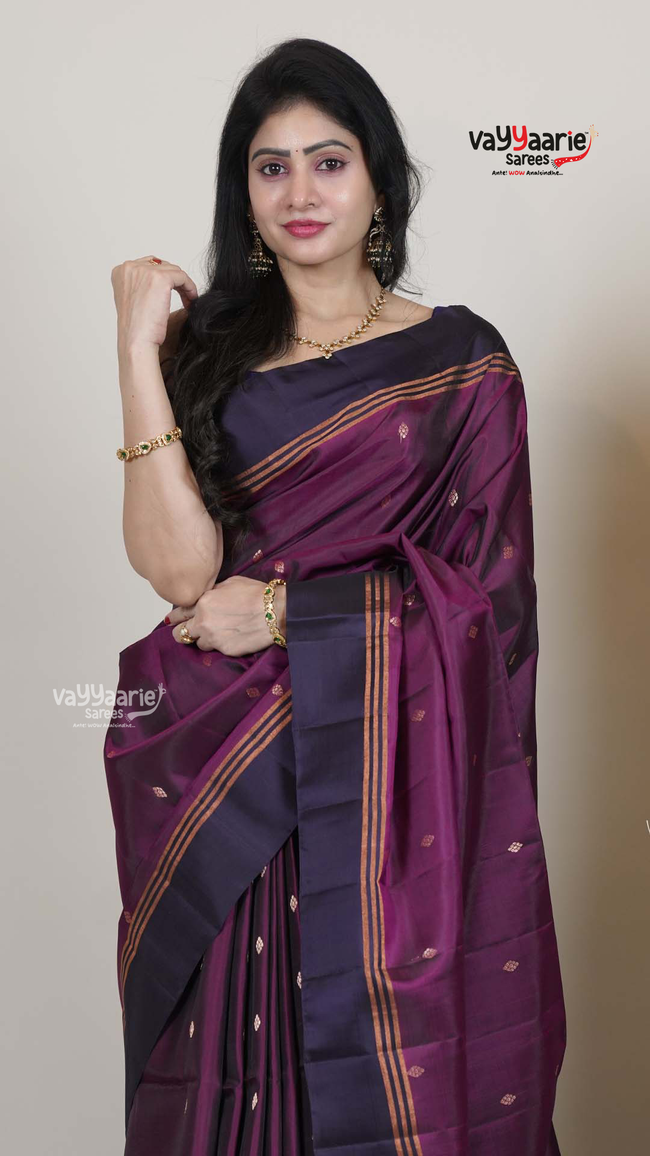 Wine Pattu Saree with Kalamkari Art Prints | Traditional Celebration Saree | Vayyaarie Sarees Main Image