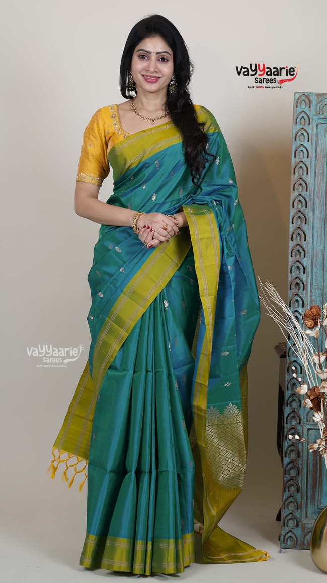 Rama Green Pattu Saree with Kalamkari Art Prints | Classic Ethnic Wear Saree | Vayyaarie Sarees Hover Image