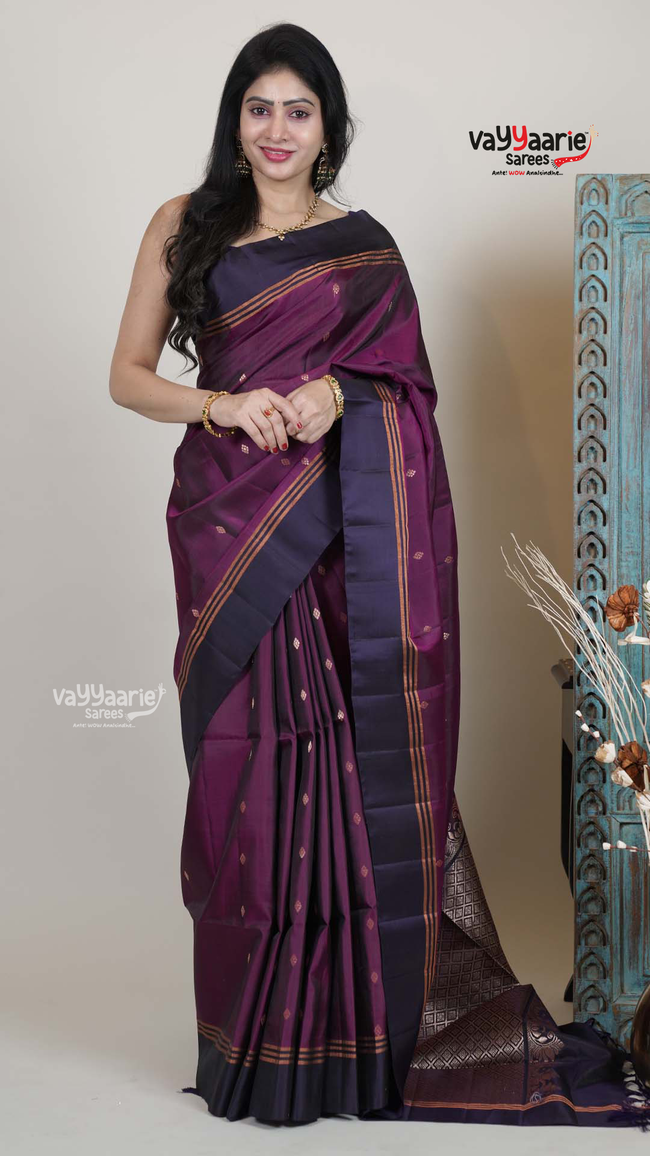 Wine Pattu Saree with Kalamkari Art Prints | Traditional Celebration Saree | Vayyaarie Sarees Hover Image