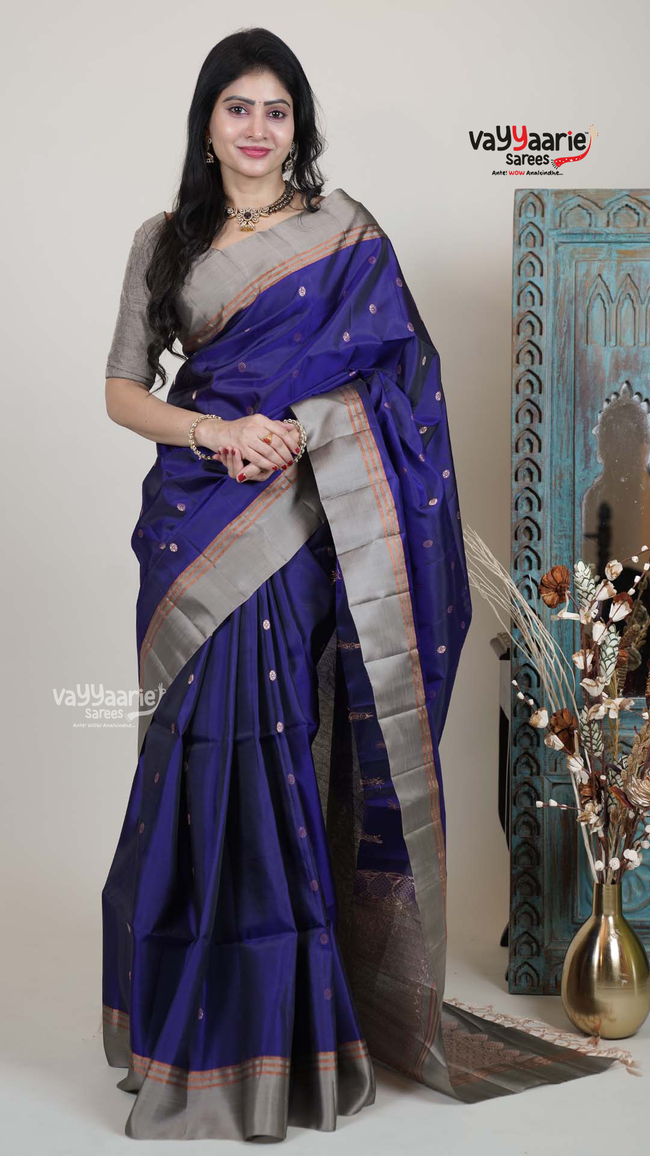Violet Pattu Saree with Kalamkari Art Prints | Graceful Festive Wear Saree | Vayyaarie Sarees Hover Image