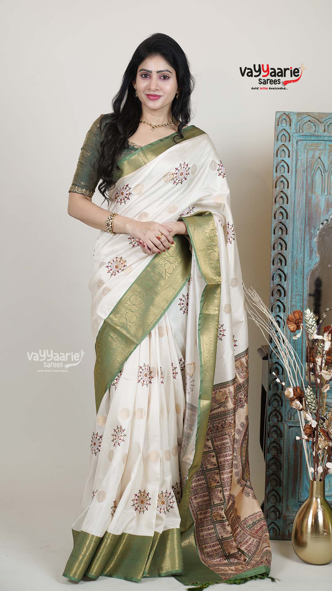 Cream Dola Silk Saree with Kalamkari Art Prints | Classic Ethnic Wear Saree | Vayyaarie Sarees Hover Image