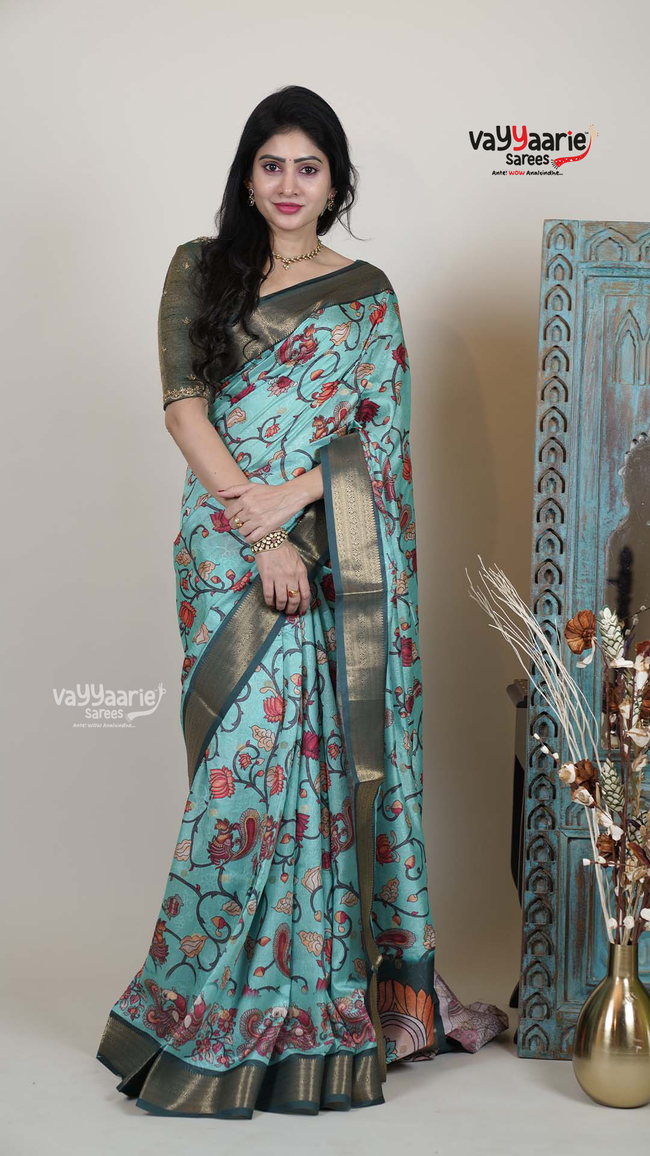 Sea Green Dola Silk Saree with Kalamkari Art Prints | Elegant Wedding Wear Saree | Vayyaarie Sarees Hover Image