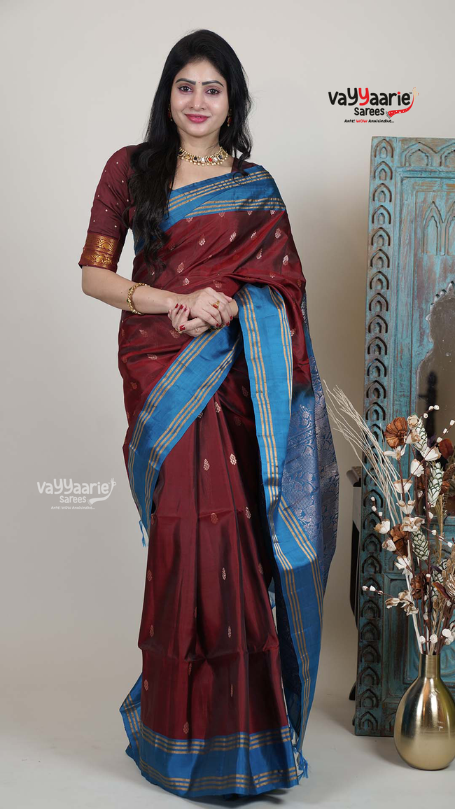Maroon Pattu Saree with Kalamkari Art Prints | Special Gathering Saree | Vayyaarie Sarees Hover Image