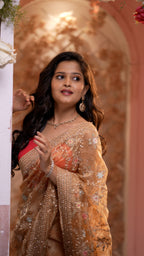 Peach Organza Embroidered Saree with Floral Handwork | Designer Party Wear Saree