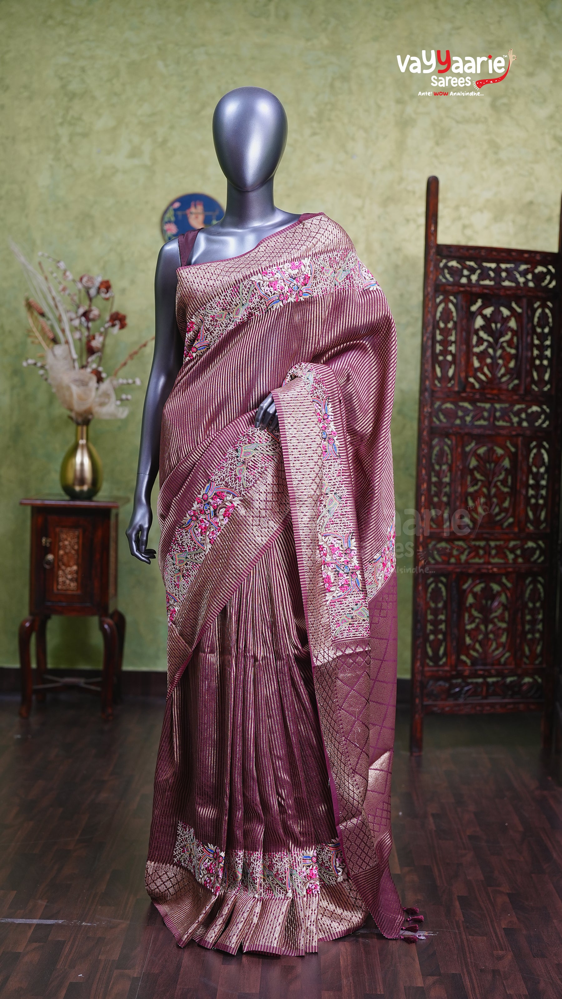 Wine Tissue Fancy Saree for Festive Wear