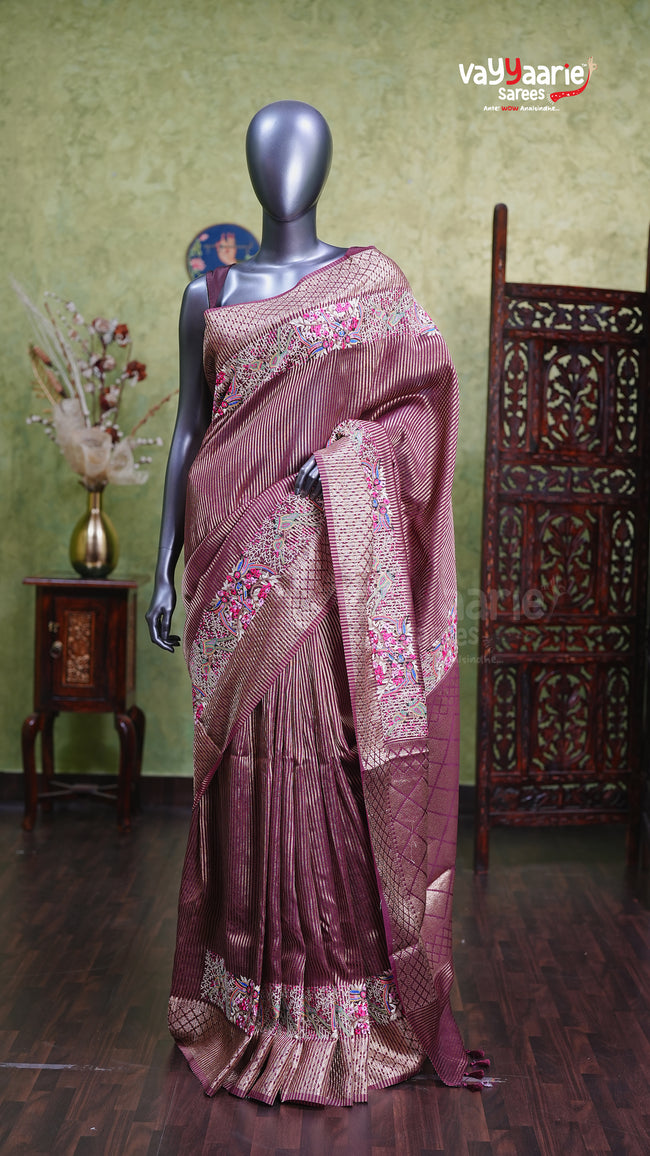 Wine Tissue Fancy Saree for Festive Wear Hover Image