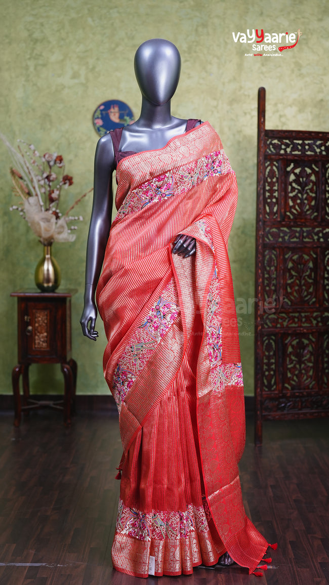 Red Tissue Fancy Saree for Festive Occasions Hover Image