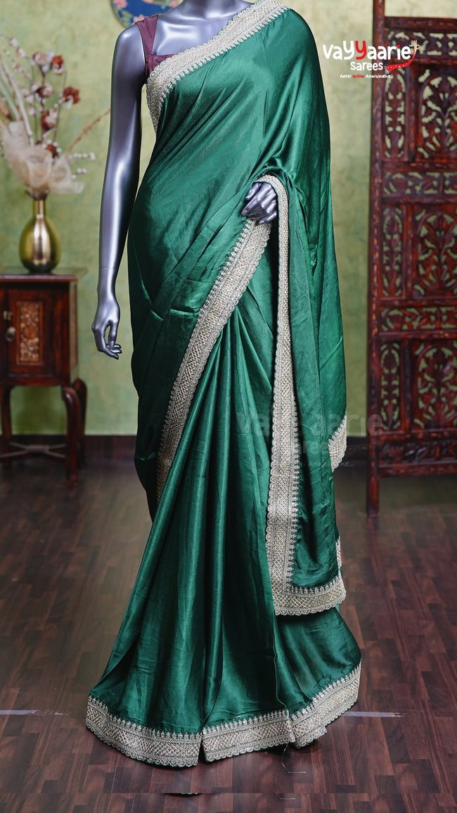 Green Satin Designer Saree Smooth Finish Main Image