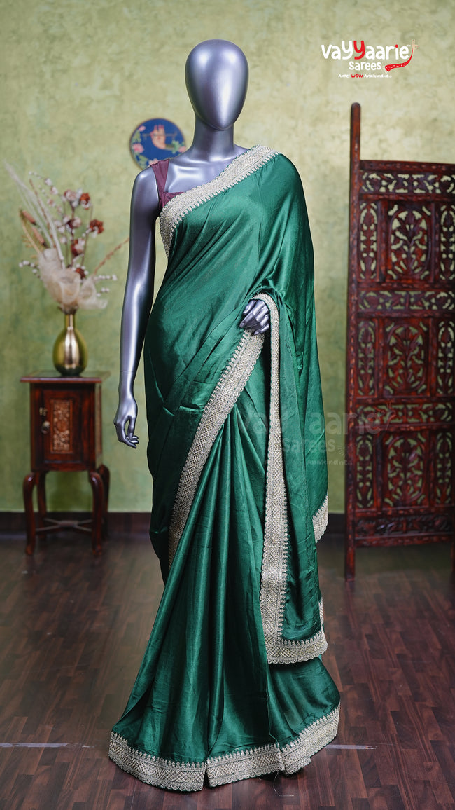Green Satin Designer Saree Smooth Finish Hover Image