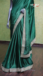 Green Satin Designer Saree Smooth Finish