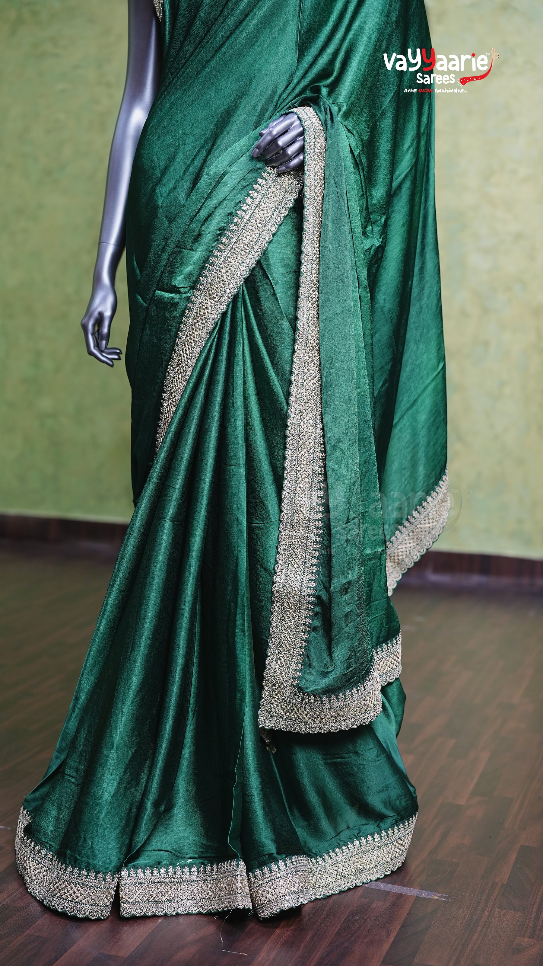 Green Satin Designer Saree Smooth Finish