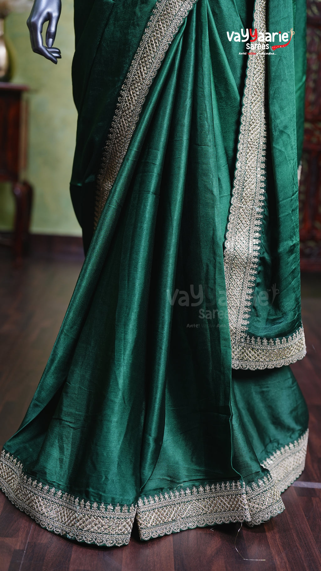 Green Satin Designer Saree Smooth Finish