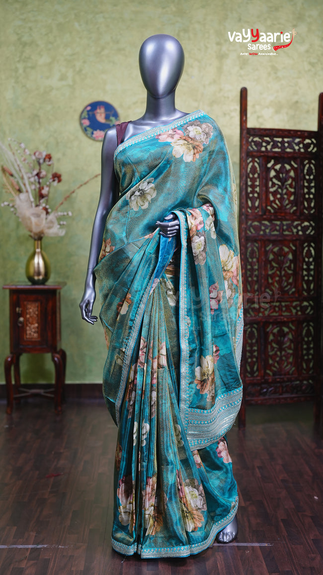 Rama Green Tissue Designer Saree Style Hover Image