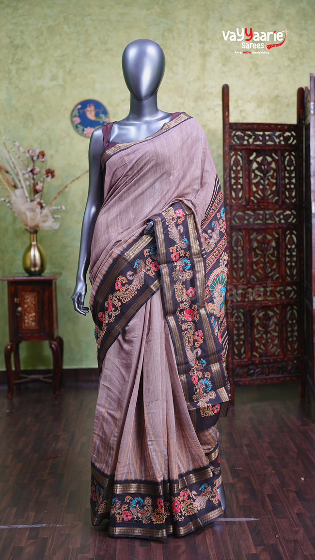 Chikoo Chanderi Silk Handloom Saree Style Hover Image