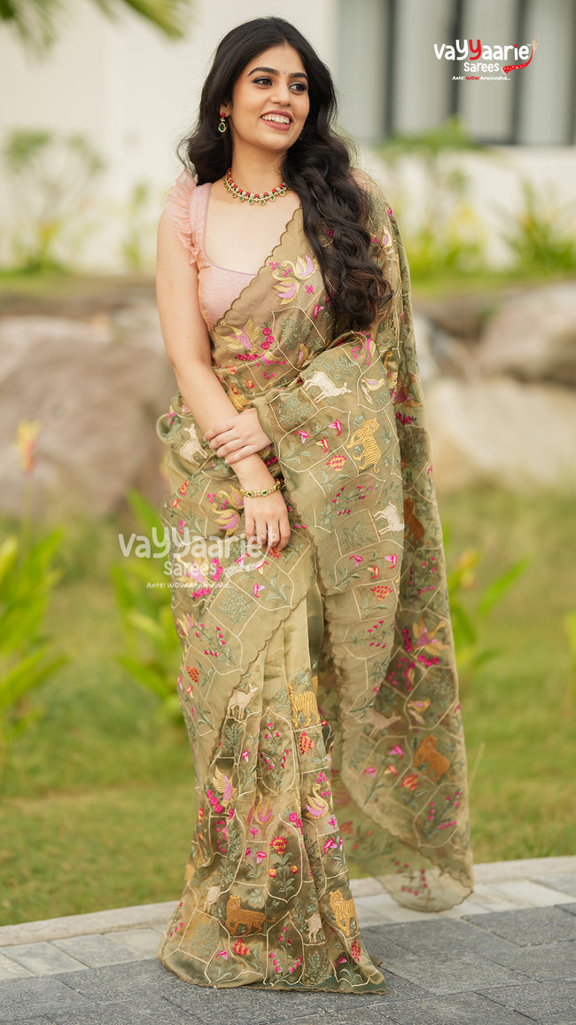 Mehendi Green Tissue Designer Saree for Festive Looks Hover Image