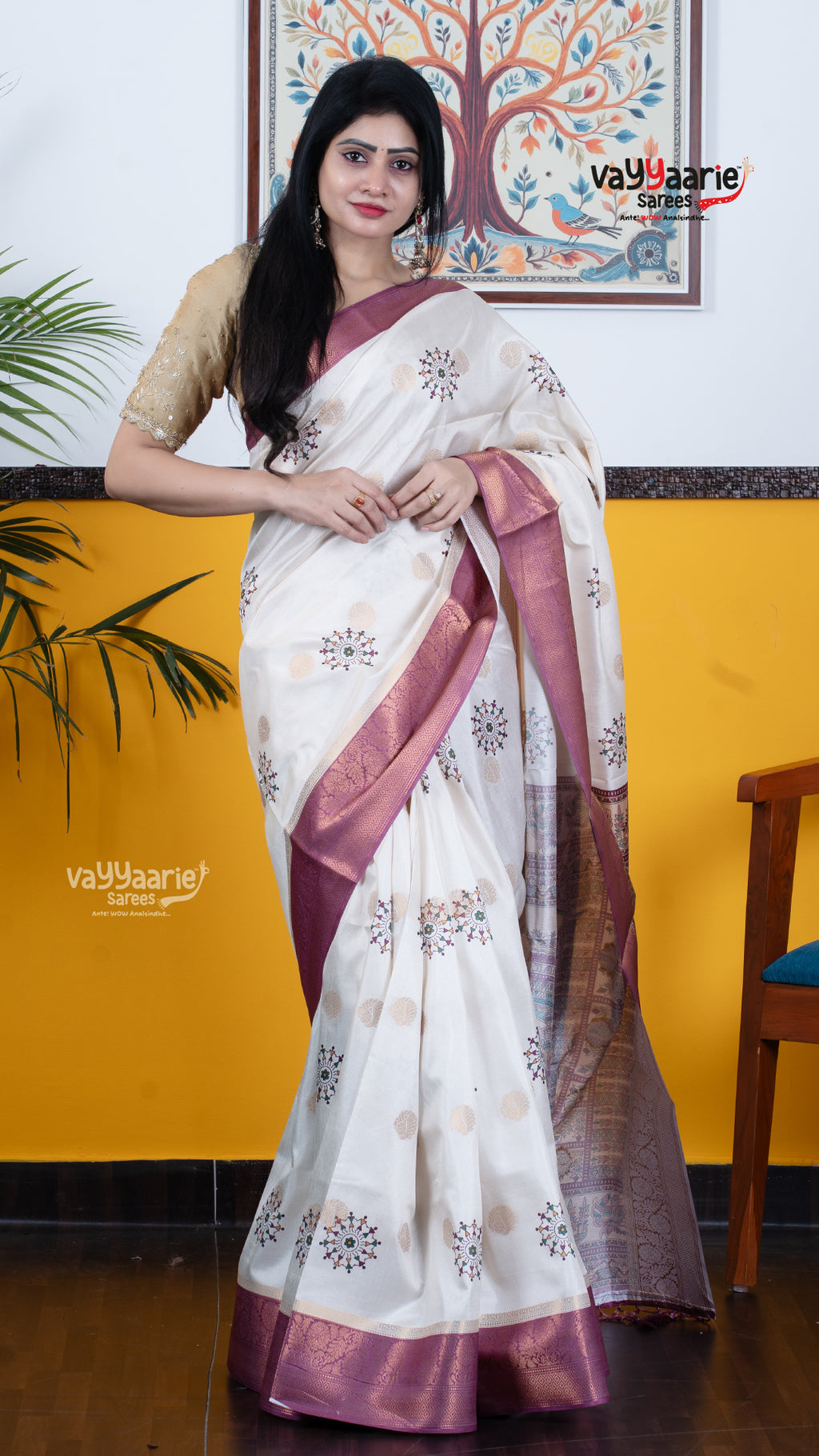 Cream Dola Silk Saree with Kalamkari Art Prints | Special Gathering Saree | Vayyaarie Sarees