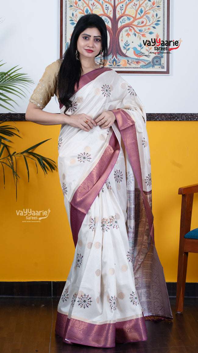 Cream Dola Silk Saree with Kalamkari Art Prints | Special Gathering Saree | Vayyaarie Sarees Hover Image