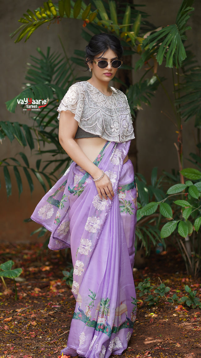Lavender Soft Organza Saree with Silver Motifs | Designer Fancy Saree Hover Image