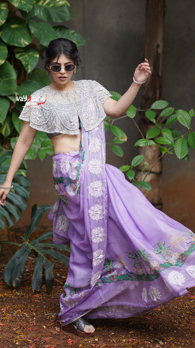 Lavender Soft Organza Saree with Silver Motifs | Designer Fancy Saree Main Image