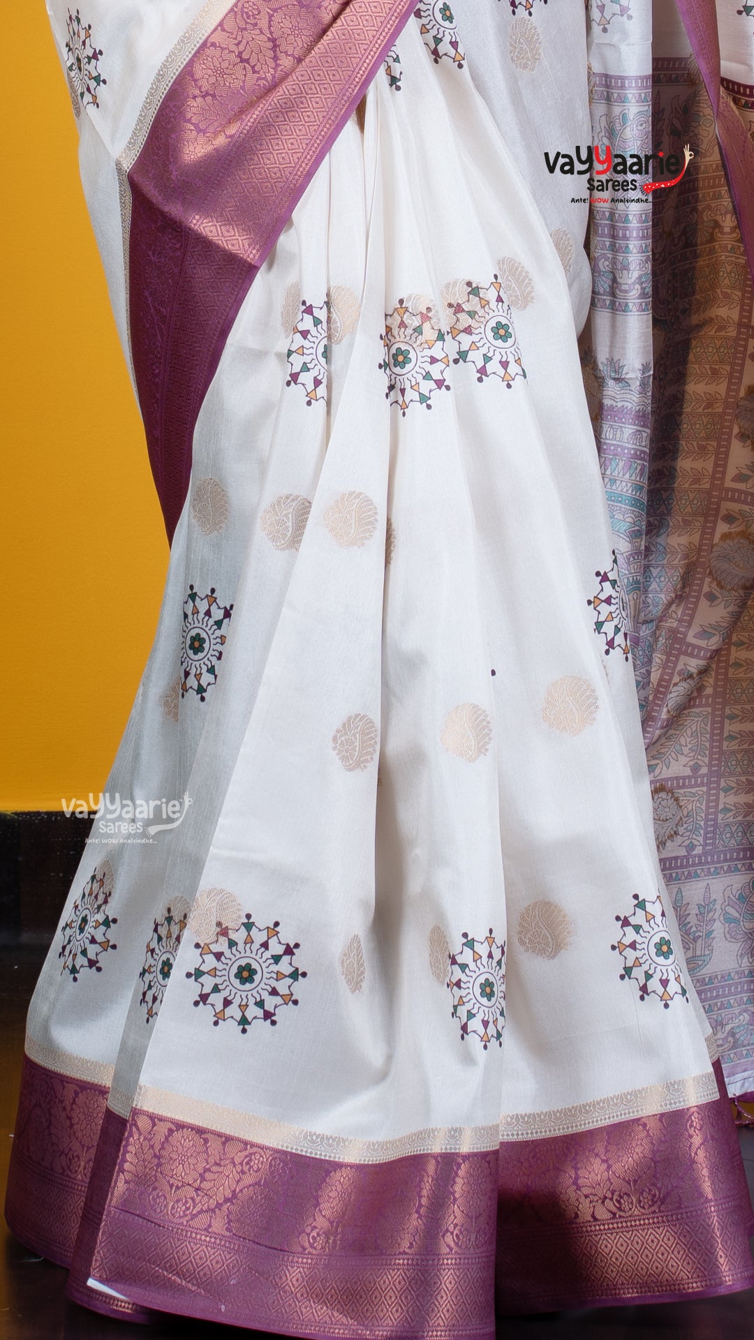 Cream Dola Silk Saree with Kalamkari Art Prints | Special Gathering Saree | Vayyaarie Sarees