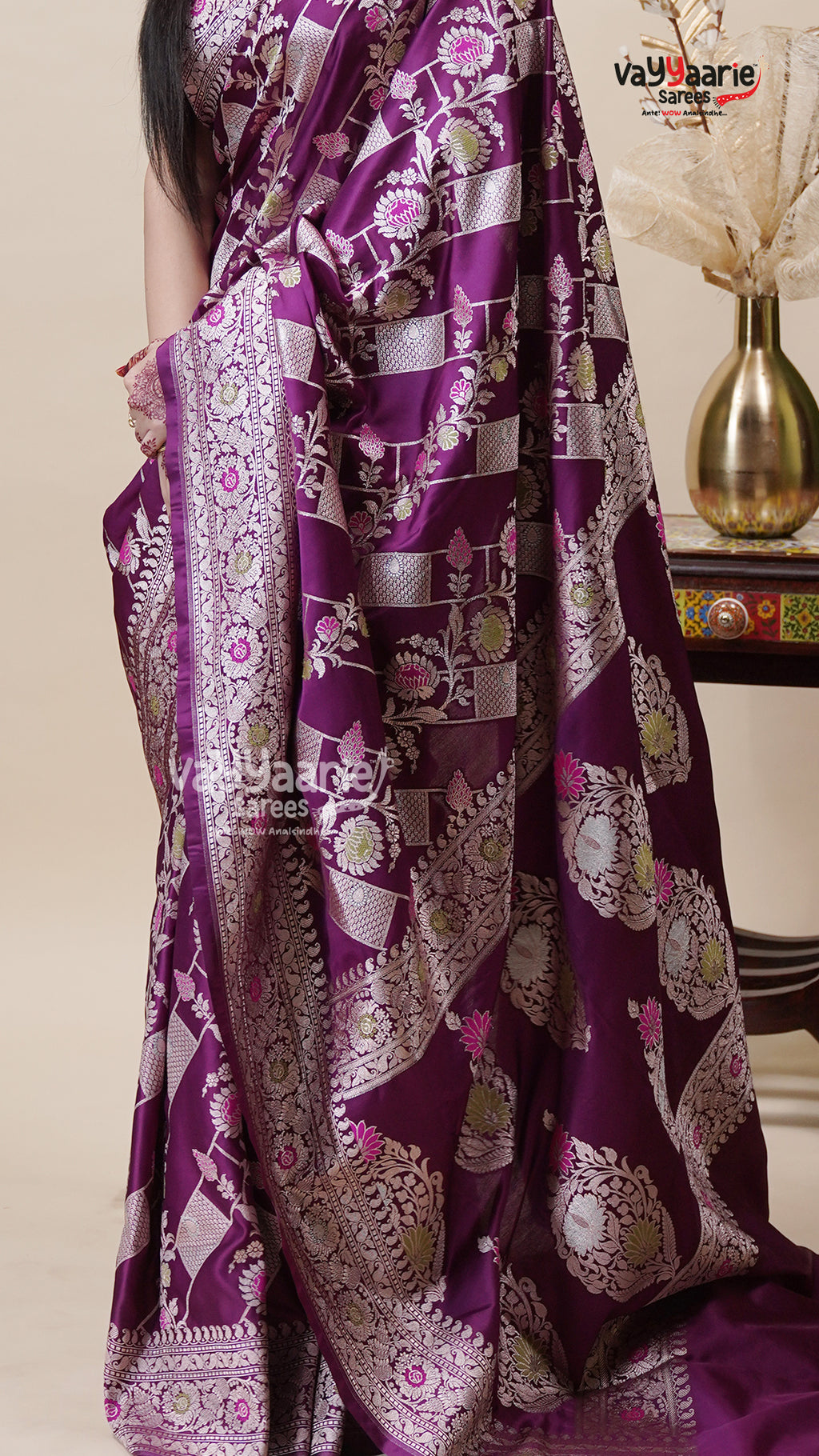 Wine Khatan Saree with Unstitched Blouse