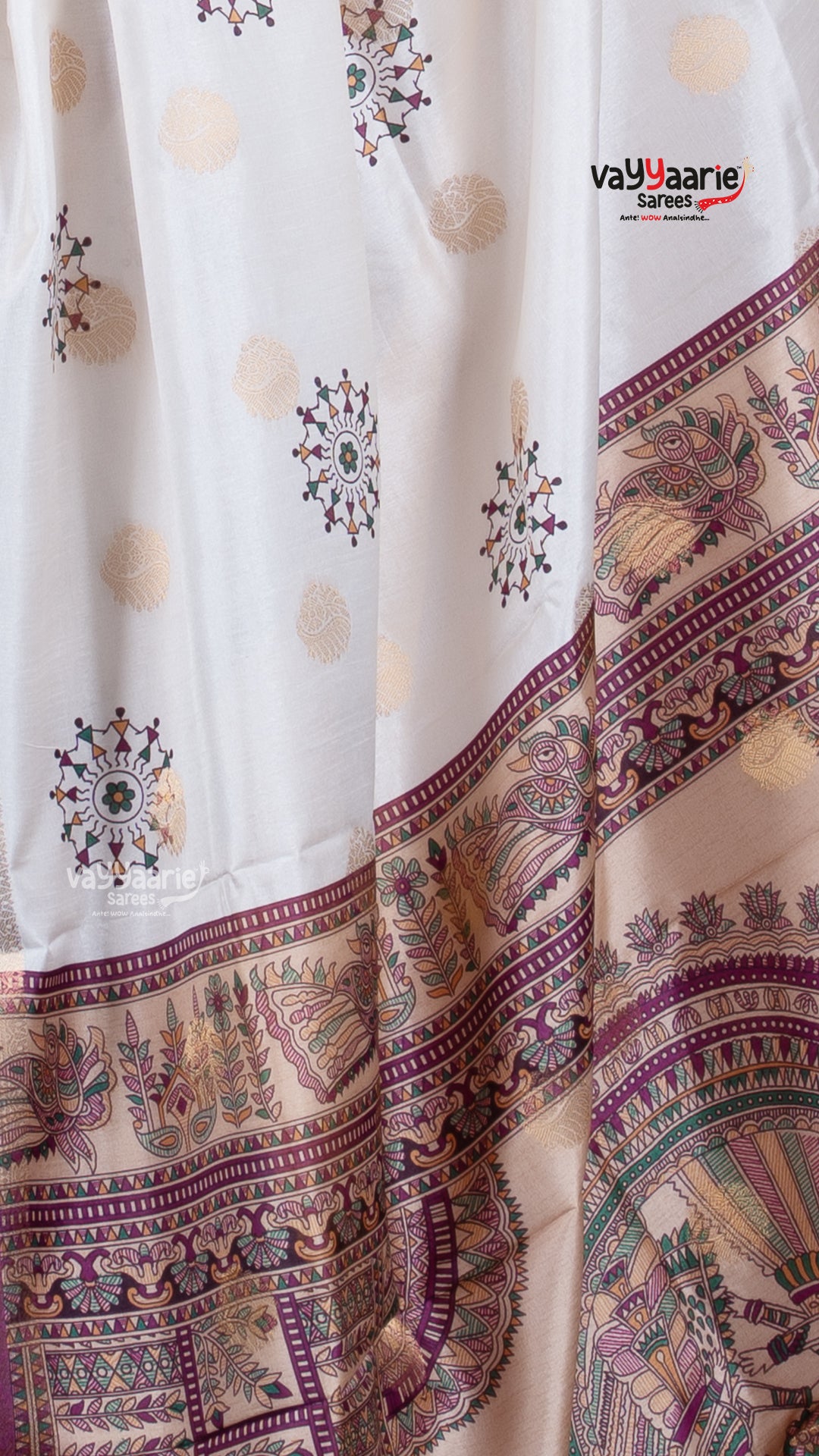 Cream Dola Silk Saree with Kalamkari Art Prints | Special Gathering Saree | Vayyaarie Sarees