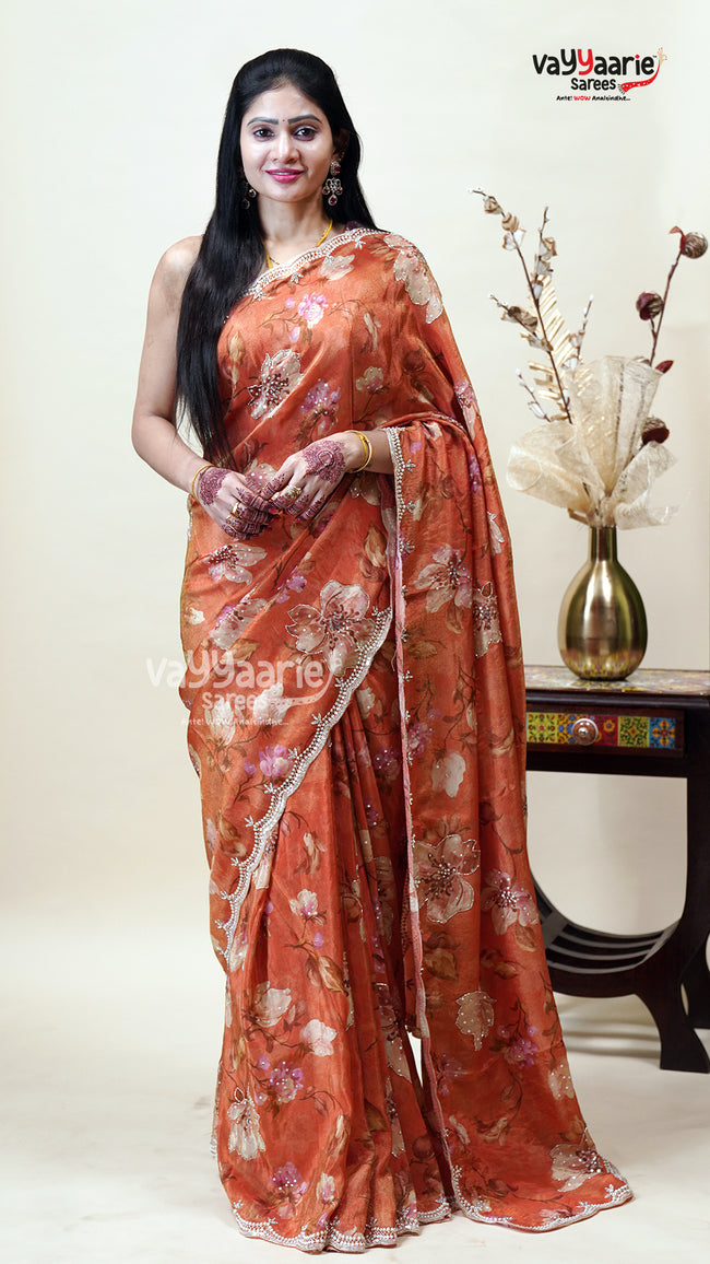 Orange Tissu Saree for Gifting and Events Hover Image