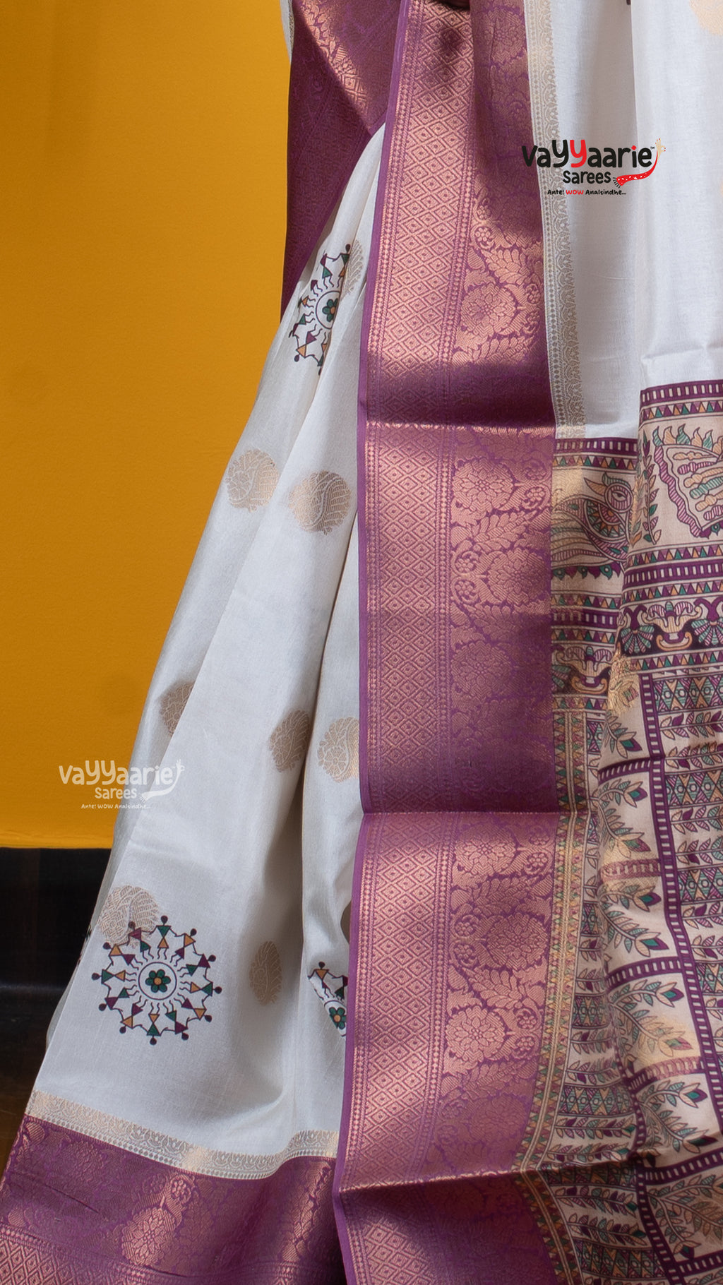 Cream Dola Silk Saree with Kalamkari Art Prints | Special Gathering Saree | Vayyaarie Sarees