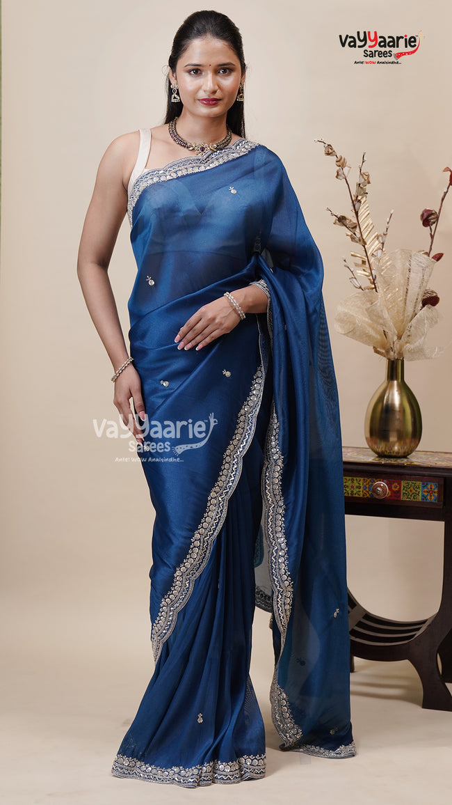 Blue Tissu Fancy Saree with Blouse Hover Image