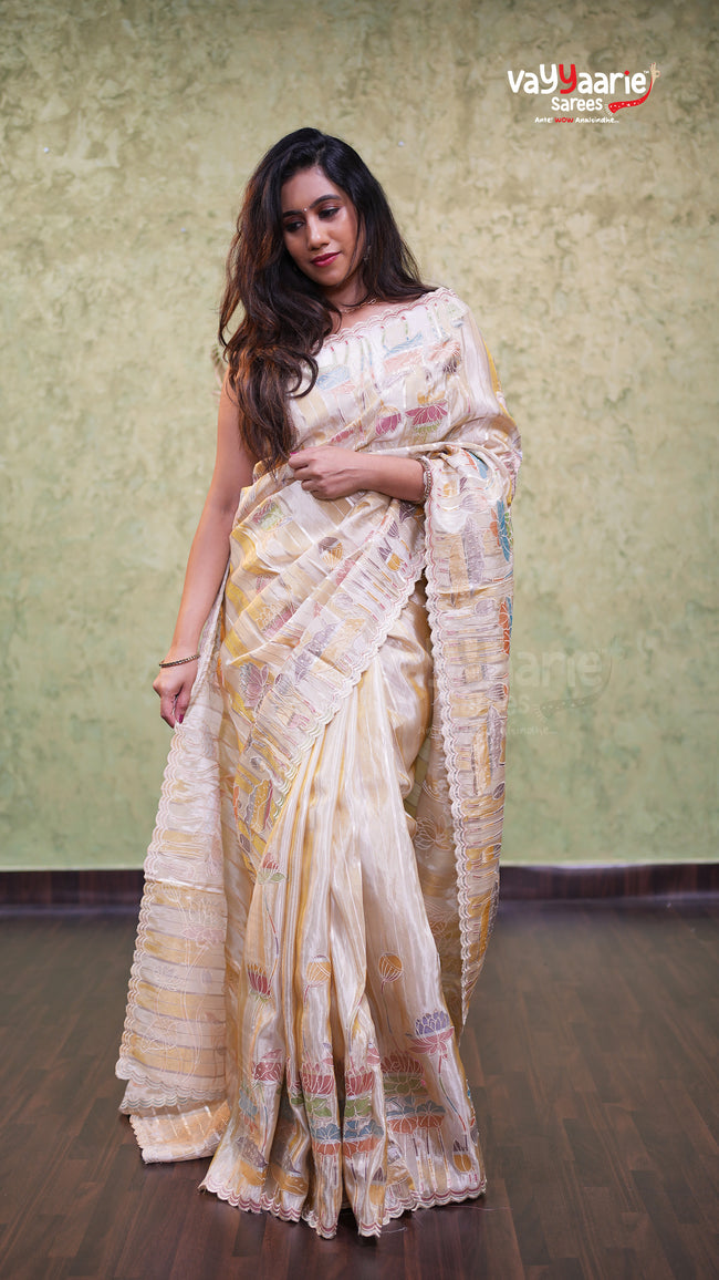 Cream Tissue Designer Saree Elegant Look Main Image