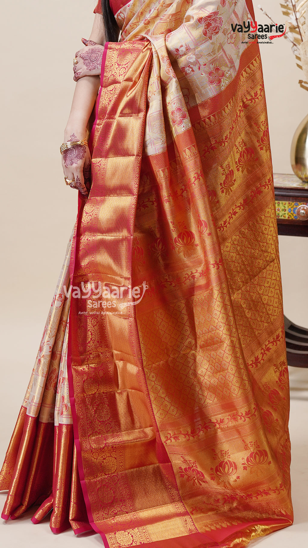 Cream DMM Pattu Saree for Elegant Wear
