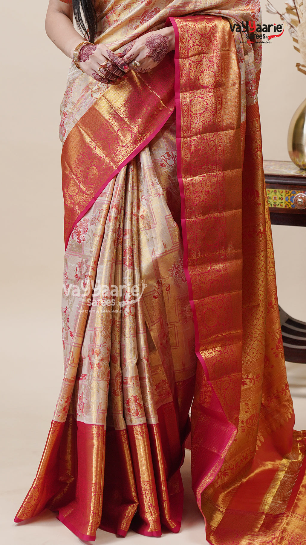 Cream DMM Pattu Saree for Elegant Wear