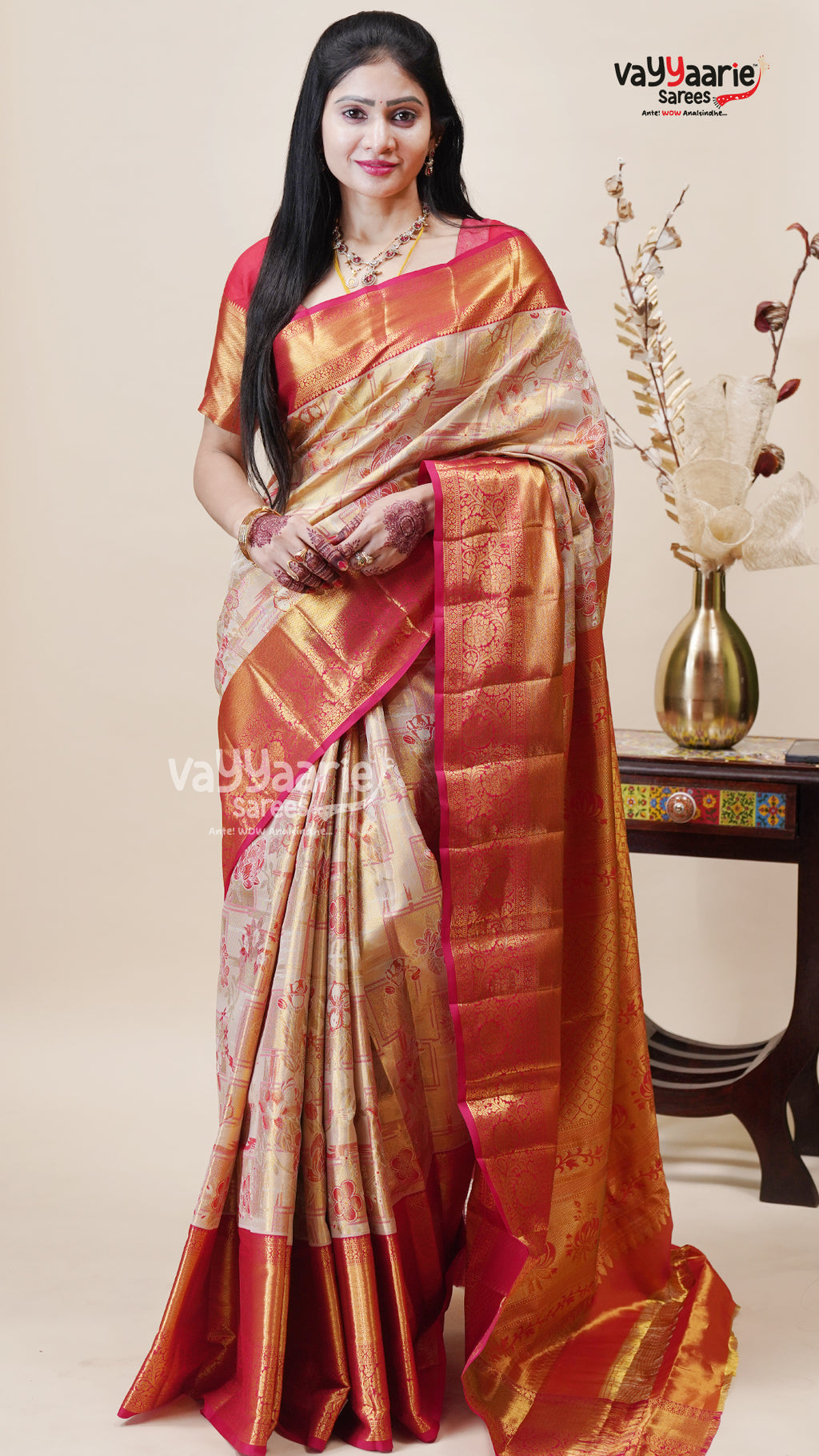 Cream DMM Pattu Saree for Elegant Wear