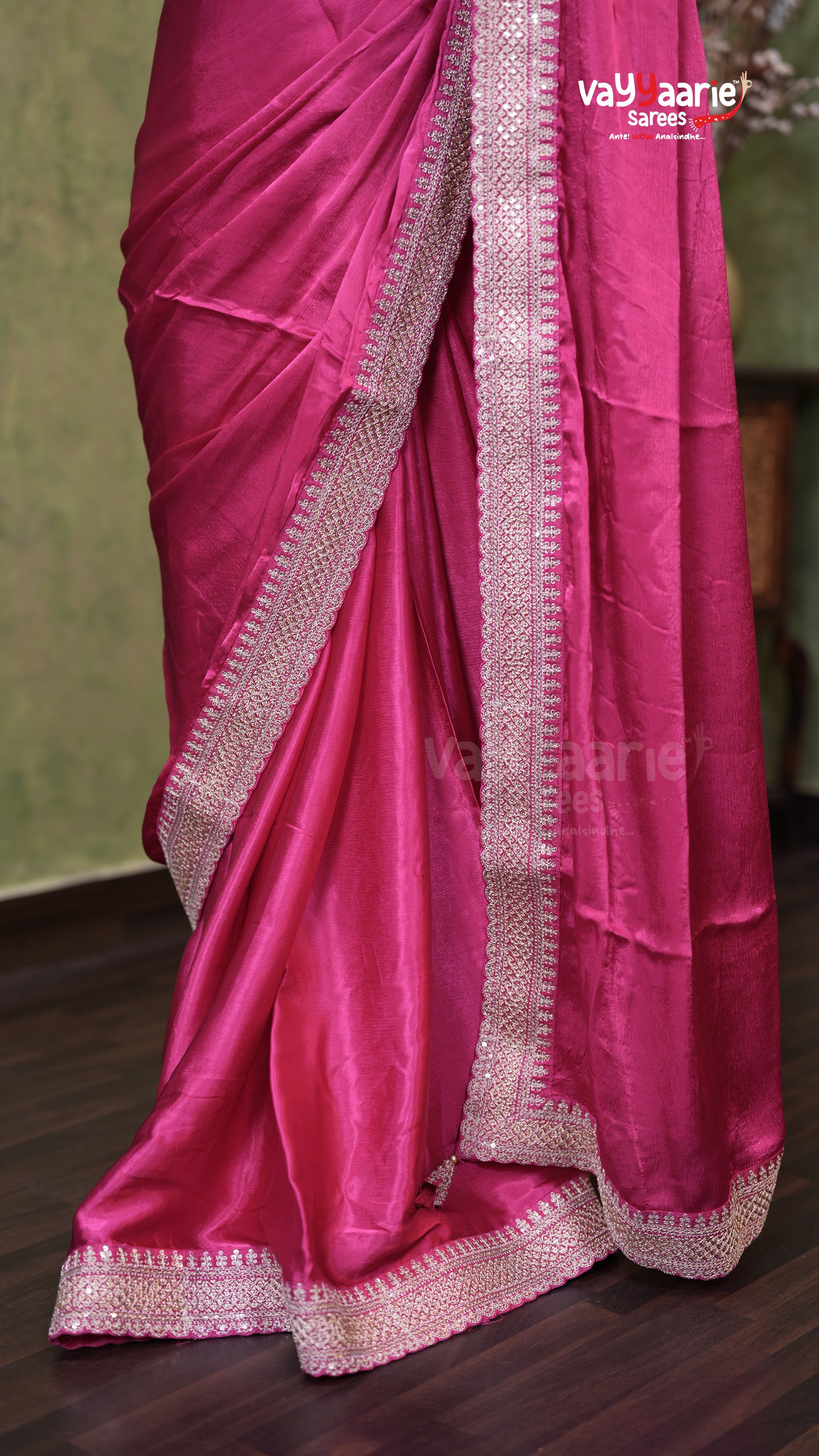 Rani Pink Satin Designer Saree Collection