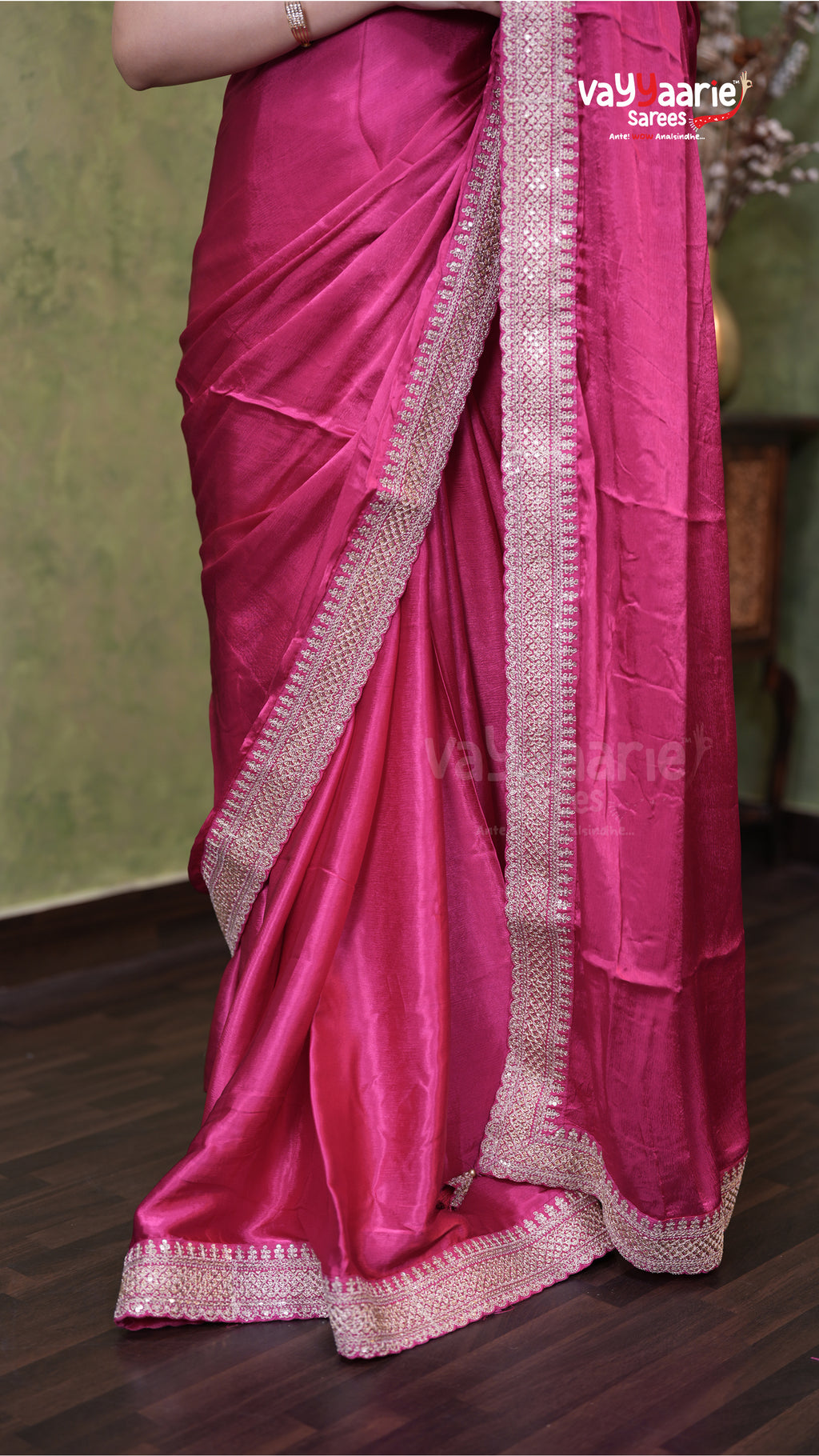 Rani Pink Satin Designer Saree Collection