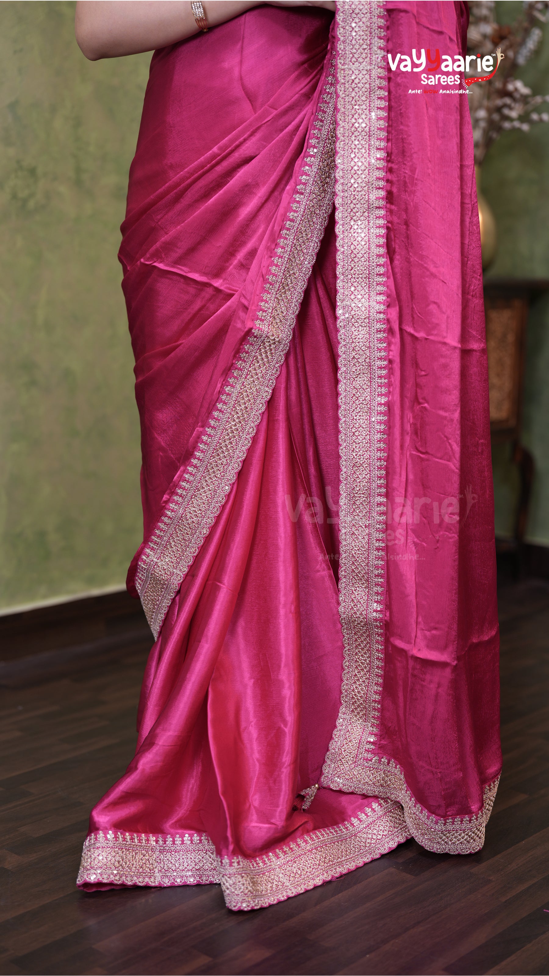 Rani Pink Satin Designer Saree Collection