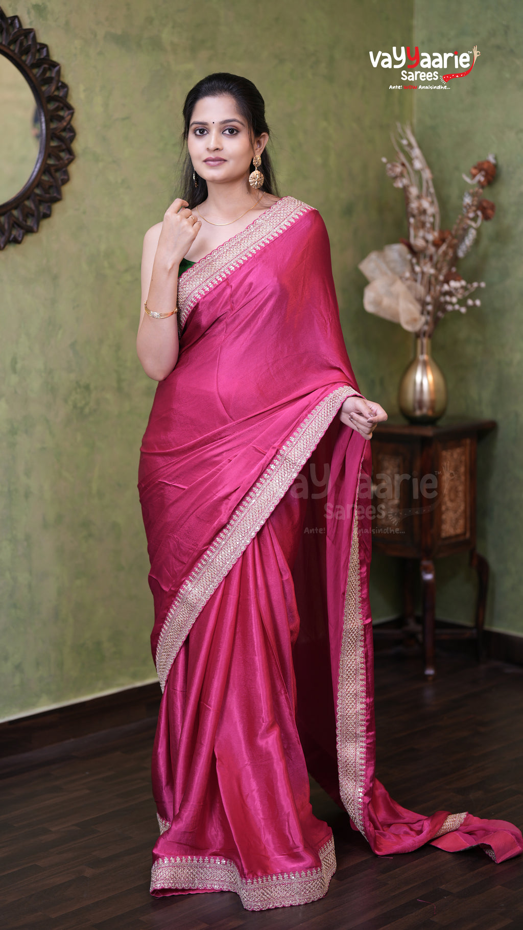 Rani Pink Satin Designer Saree Collection