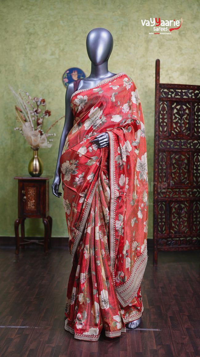 Red Tissue Designer Saree Elegant Style Hover Image