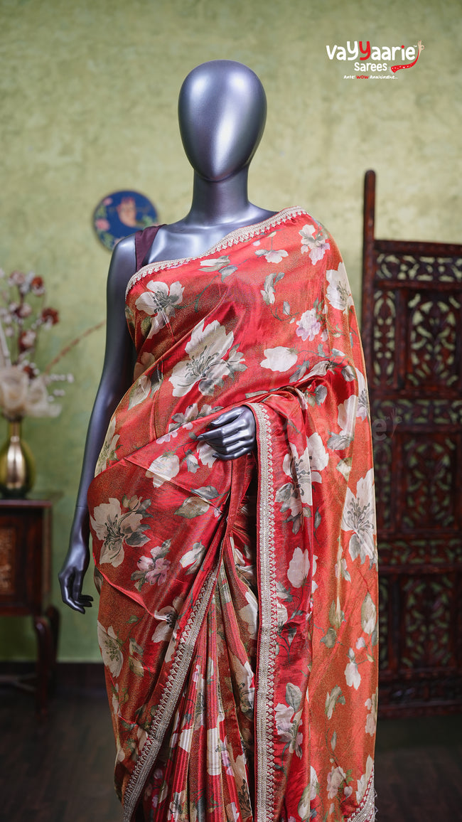 Red Tissue Designer Saree Elegant Style Main Image