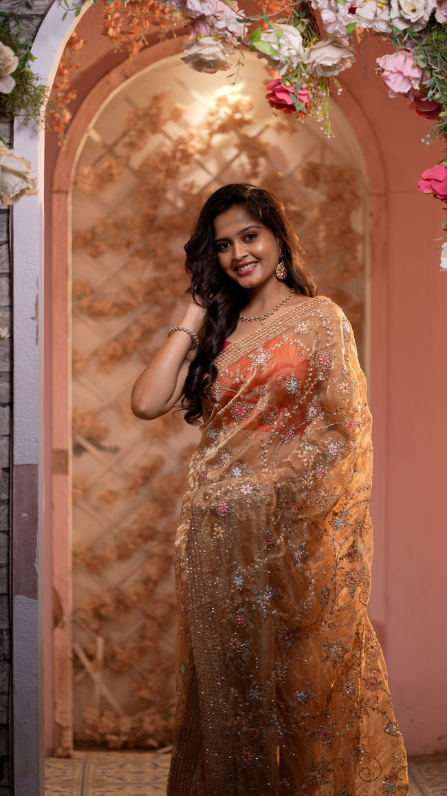 Peach Organza Embroidered Saree with Floral Handwork | Designer Party Wear Saree Hover Image