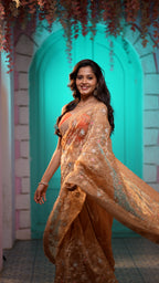 Peach Organza Embroidered Saree with Floral Handwork | Designer Party Wear Saree