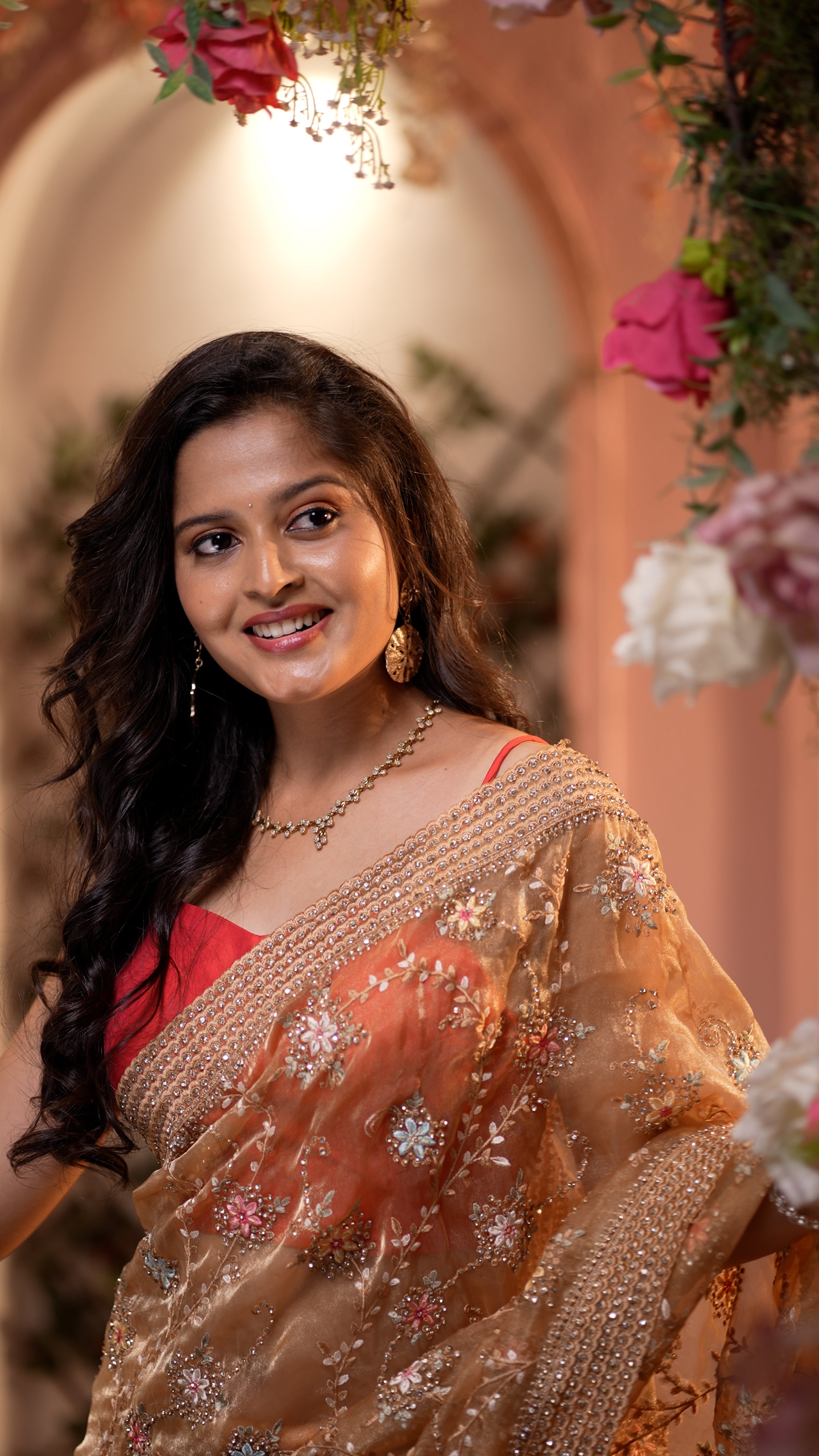 Peach Organza Embroidered Saree with Floral Handwork | Designer Party Wear Saree